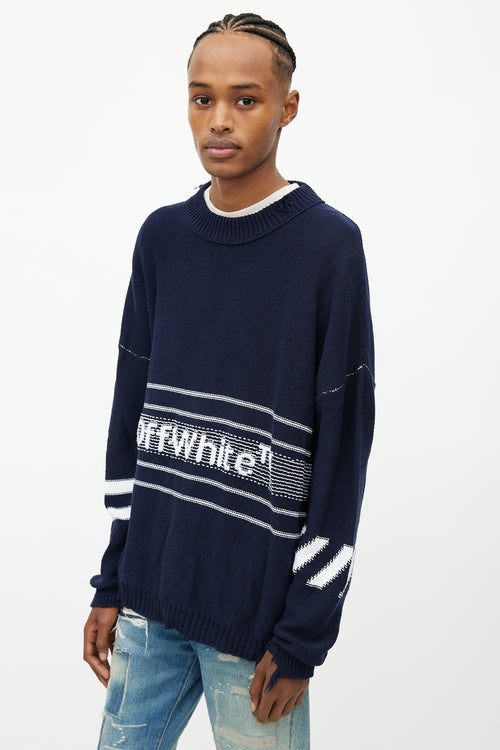 Off-White Navy & White Oversized Distressed Logo Sweater