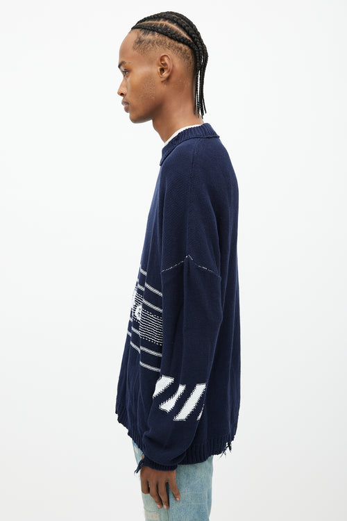 Off-White Navy & White Oversized Distressed Logo Sweater