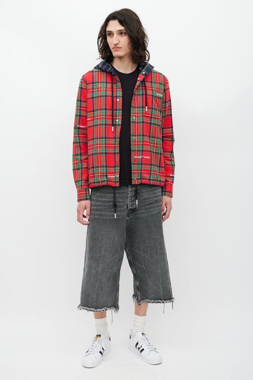 Off-White Red & Multicolour Plaid Hooded Jacket
