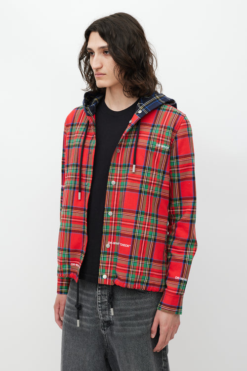 Off-White Red & Multicolour Plaid Hooded Jacket