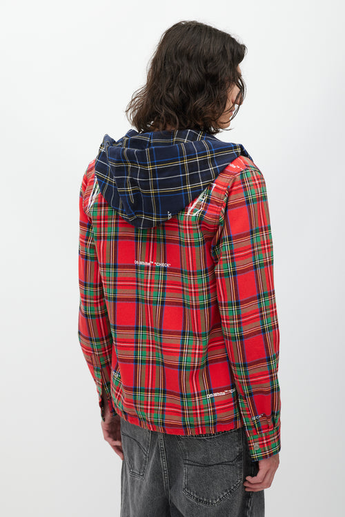 Off-White Red & Multicolour Plaid Hooded Jacket