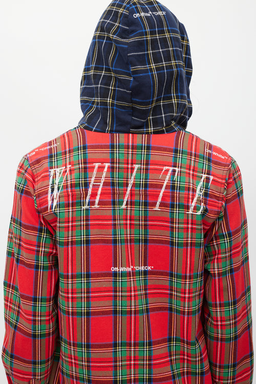 Off-White Red & Multicolour Plaid Hooded Jacket