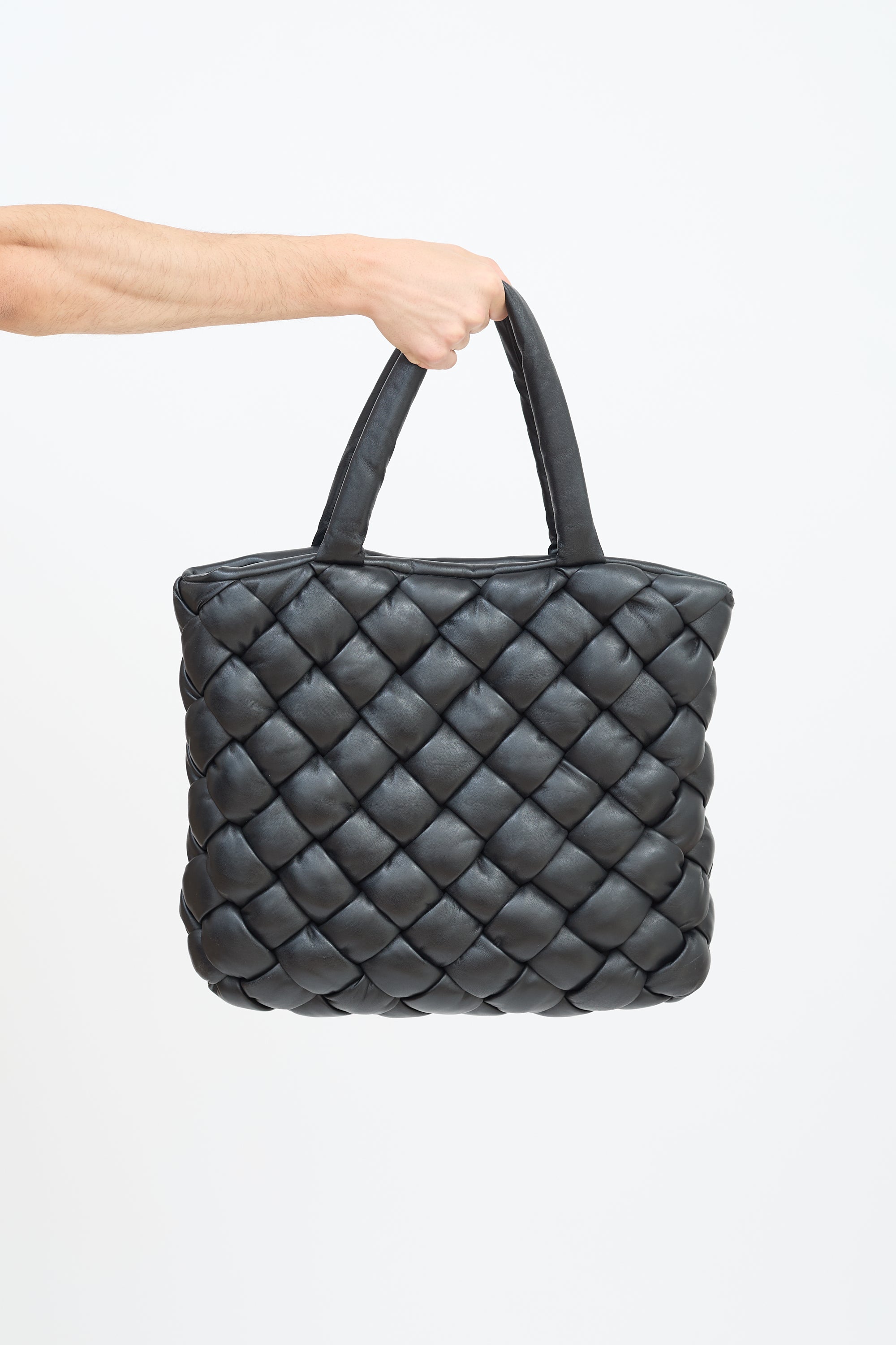 Officine Creative Black Leather Quilted Tote Bag