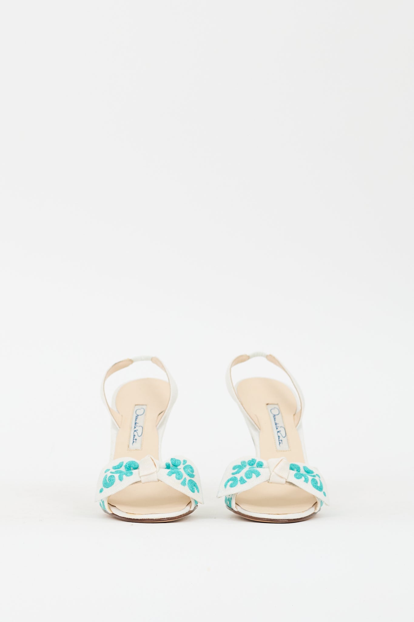 Oscar de la Renta White & Teal Canvas Bow Slingback Heel