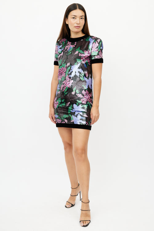 Oscar de la Renta Black & Multicolour Floral Sequin Dress