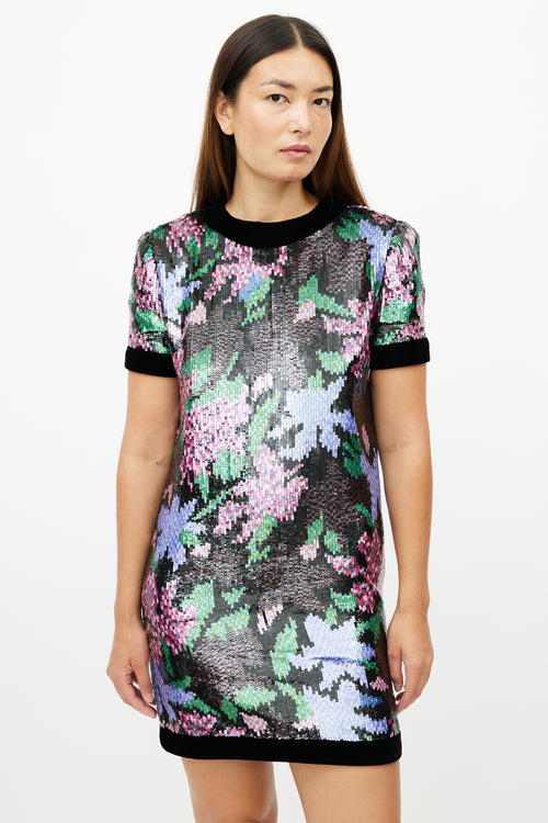 Oscar de la Renta Black & Multicolour Floral Sequin Dress