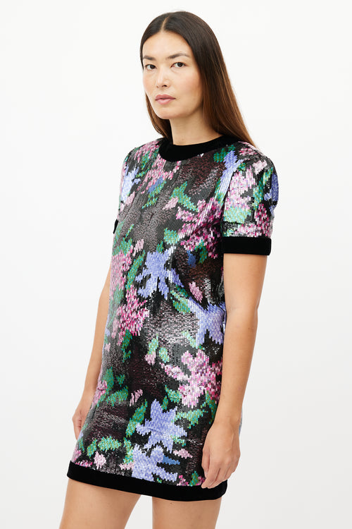 Oscar de la Renta Black & Multicolour Floral Sequin Dress