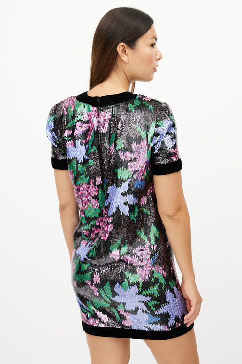 Oscar de la Renta Black & Multicolour Floral Sequin Dress