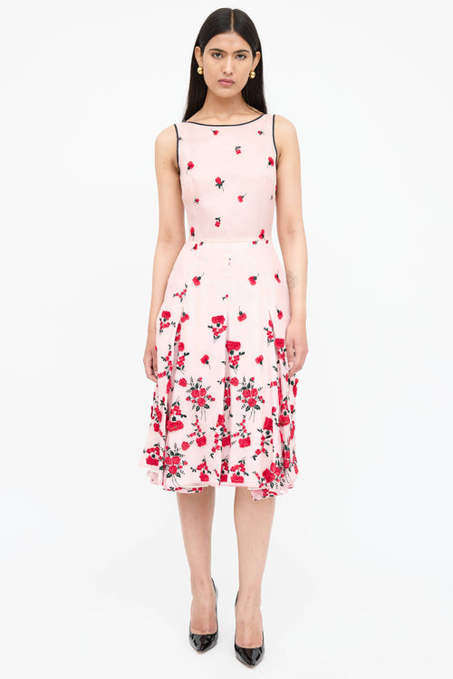 Oscar de la Renta Floral Embroidered Pleated Dress