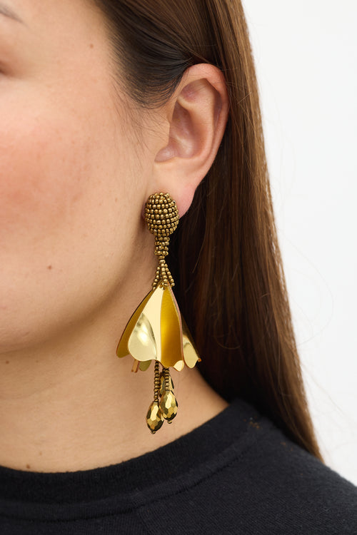 Oscar de la Renta Gold Beaded Floral Petal Earrings