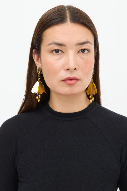 Oscar de la Renta Gold Beaded Floral Petal Earrings
