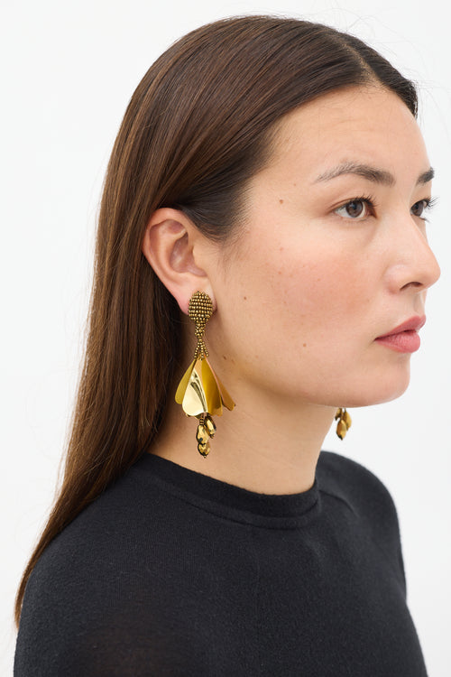 Oscar de la Renta Gold Beaded Floral Petal Earrings