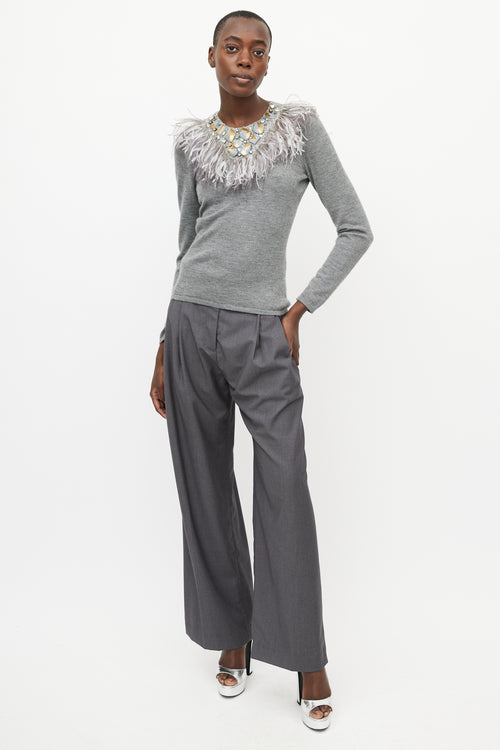 Oscar de la Renta Grey Cashmere & Silk Feather Sweater