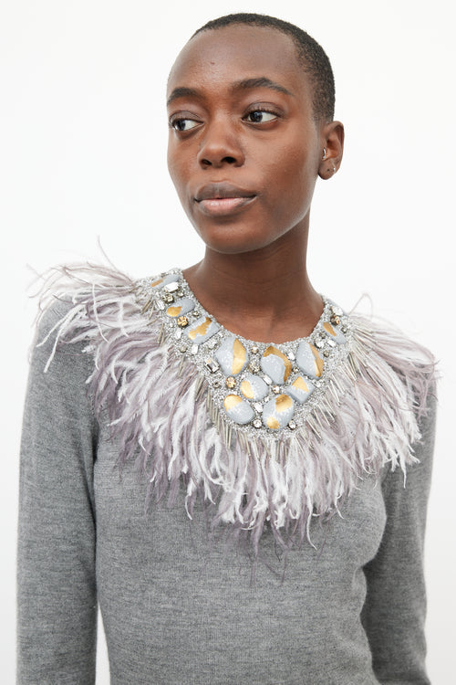 Oscar de la Renta Grey Cashmere & Silk Feather Sweater