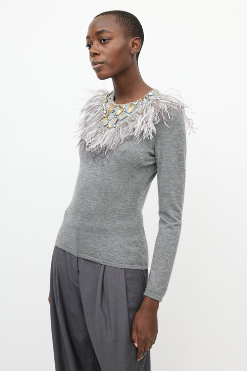 Oscar de la Renta Grey Cashmere & Silk Feather Sweater
