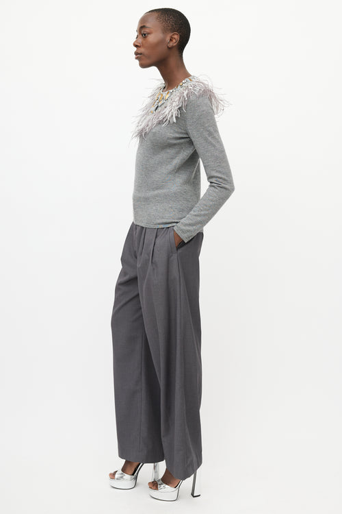 Oscar de la Renta Grey Cashmere & Silk Feather Sweater