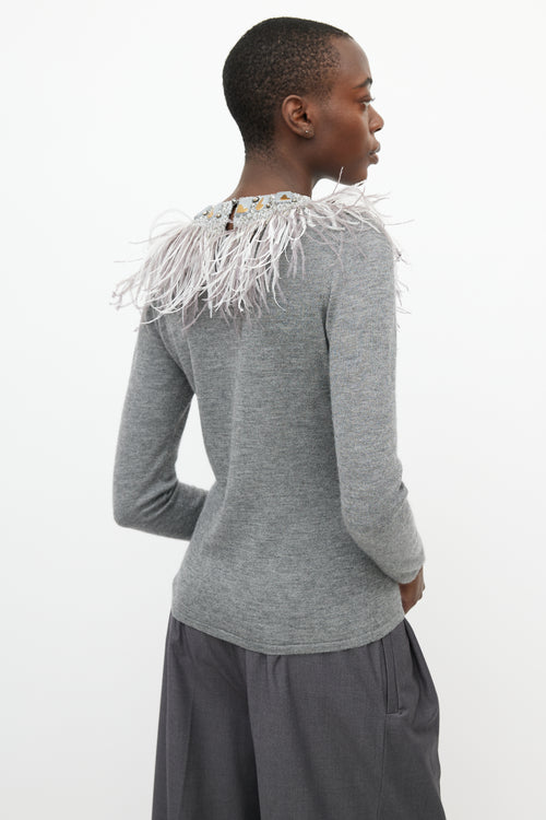 Oscar de la Renta Grey Cashmere & Silk Feather Sweater