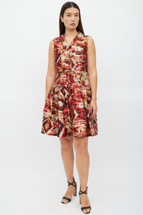 Oscar de la Renta Red & Multicolour Silk Pleated Shirt Dress
