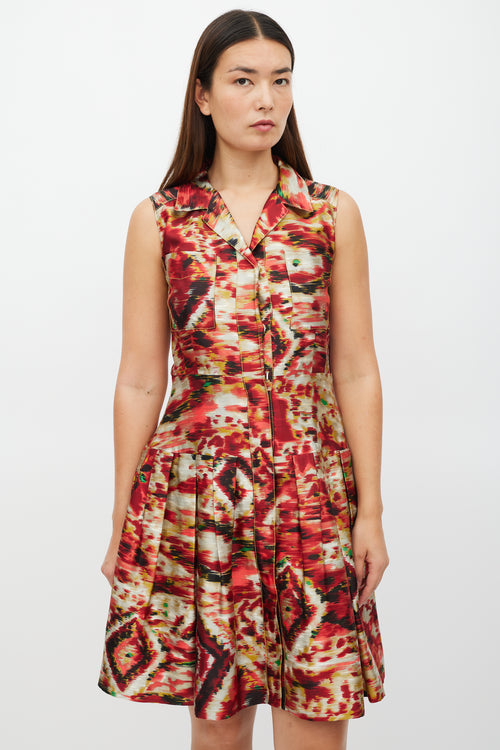 Oscar de la Renta Red & Multicolour Silk Pleated Shirt Dress