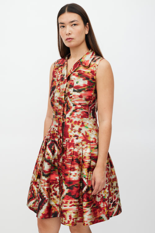 Oscar de la Renta Red & Multicolour Silk Pleated Shirt Dress