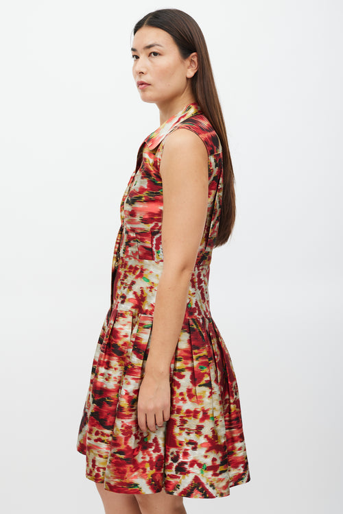 Oscar de la Renta Red & Multicolour Silk Pleated Shirt Dress