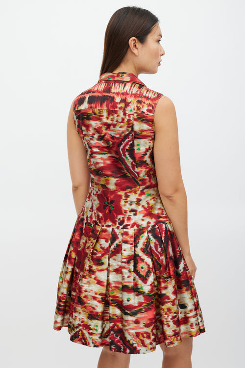 Oscar de la Renta Red & Multicolour Silk Pleated Shirt Dress