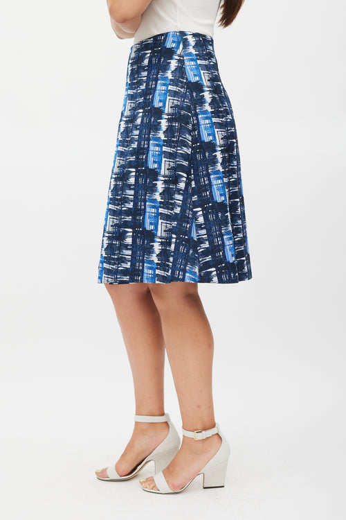 Oscar de la Renta White & Blue Pleated Abstract Skirt