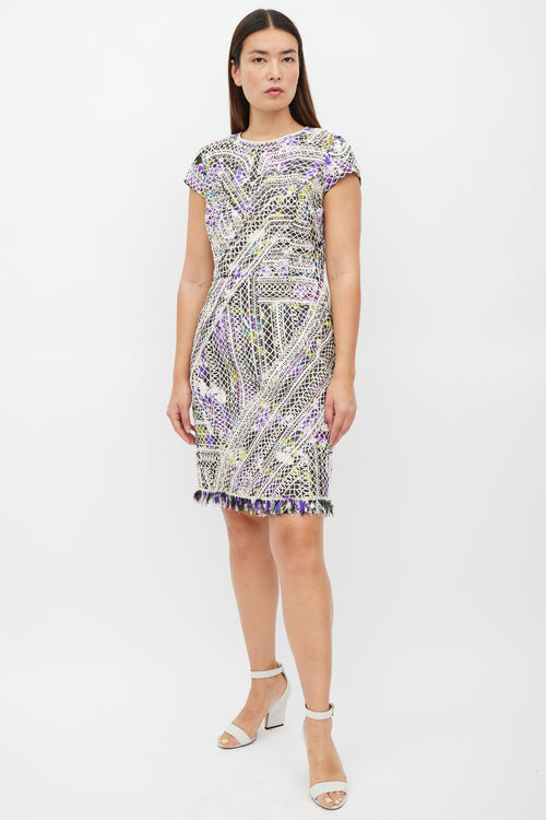 Oscar de la Renta White & Multicolour Silk Lace Fringe Dress