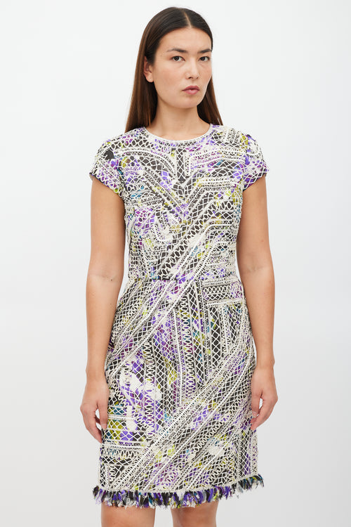 Oscar de la Renta White & Multicolour Silk Lace Fringe Dress