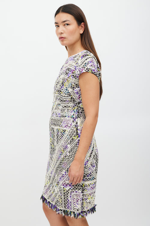 Oscar de la Renta White & Multicolour Silk Lace Fringe Dress