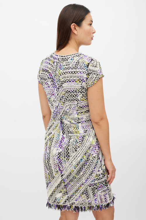Oscar de la Renta White & Multicolour Silk Lace Fringe Dress
