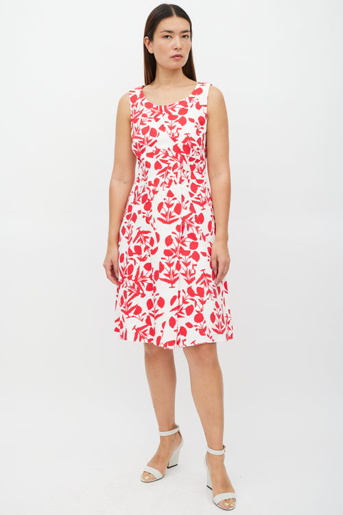 Oscar de la Renta White & Red Asymmetrical Floral Panelled Dress