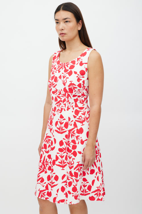 Oscar de la Renta White & Red Asymmetrical Floral Panelled Dress