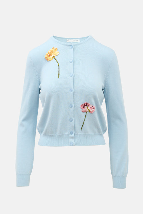 Oscar de la Renta Wool Floral Embroidered Cardigan
