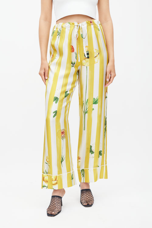 Oscar de la Renta Yellow & Multicolour Striped Floral Silk Trouser