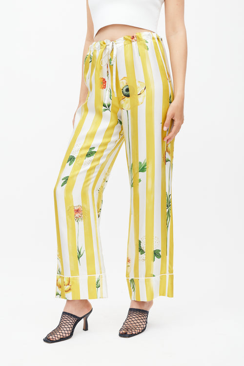 Oscar de la Renta Yellow & Multicolour Striped Floral Silk Trouser