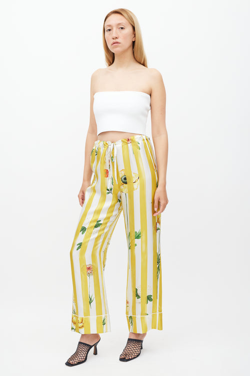 Oscar de la Renta Yellow & Multicolour Striped Floral Silk Trouser