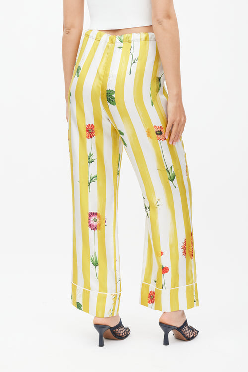 Oscar de la Renta Yellow & Multicolour Striped Floral Silk Trouser