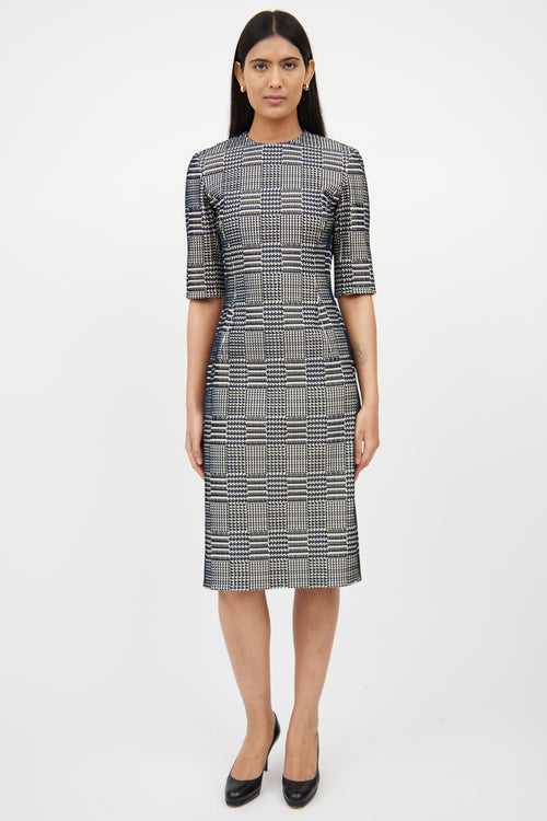 Oscar de la RentaCream & Navy Textured Woven Dress