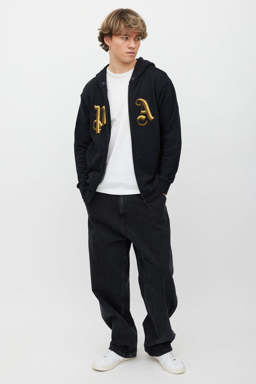 Palm Angels Black & Gold Embellished Logo Zip Hoodie