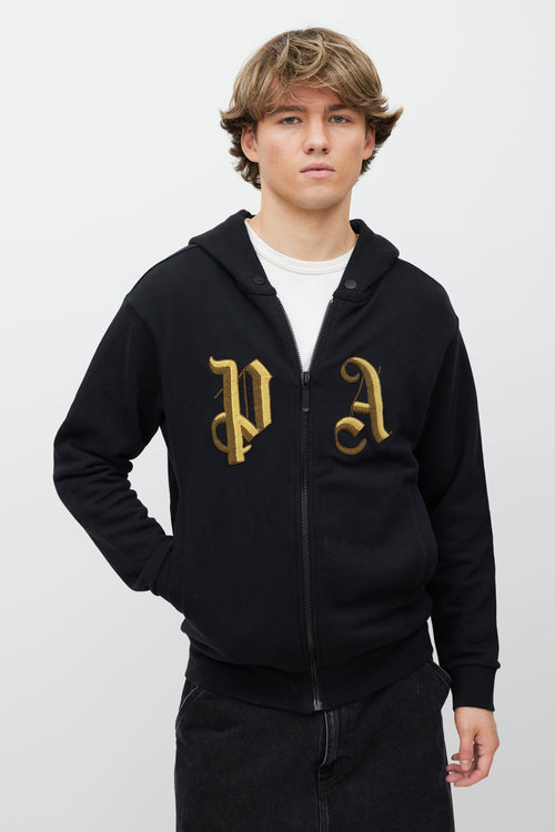Palm Angels Black & Gold Embellished Logo Zip Hoodie