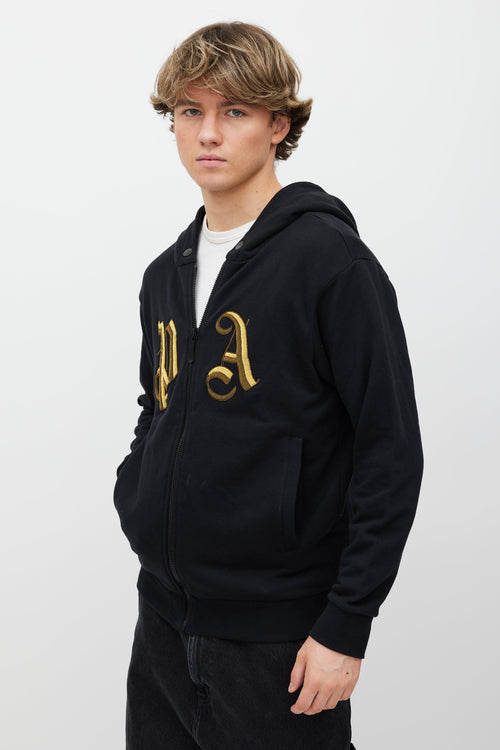 Palm Angels Black & Gold Embellished Logo Zip Hoodie