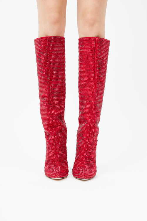  Red Crystal Embellished Knee High Boot