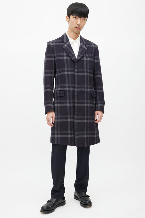 Paul Smith Navy & Grey Wool Plaid Coat