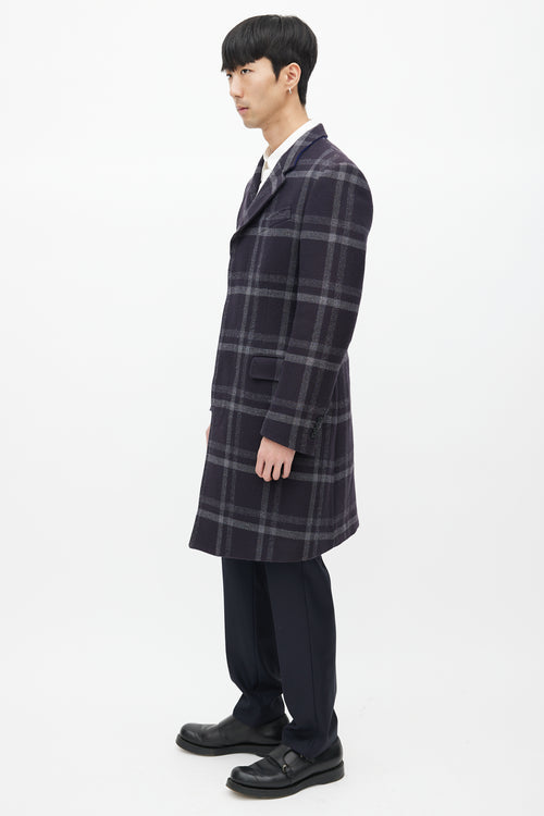 Paul Smith Navy & Grey Wool Plaid Coat