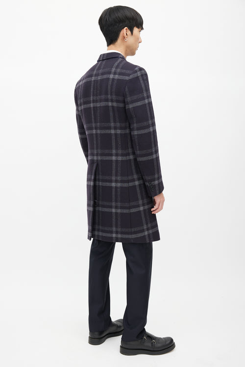 Paul Smith Navy & Grey Wool Plaid Coat