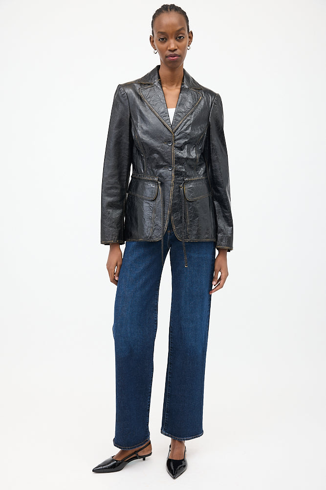 Philosophy Black Crackle Leather Drawstring Jacket