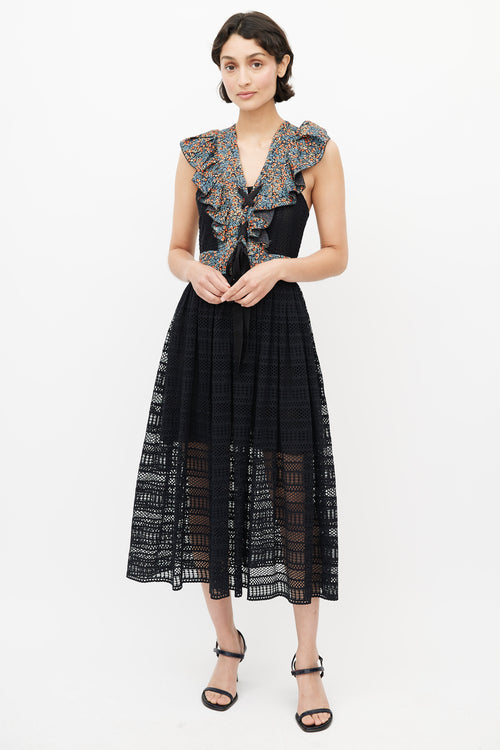 Philosophy Red, Blue & Black Floral Eyelet Midi Dress