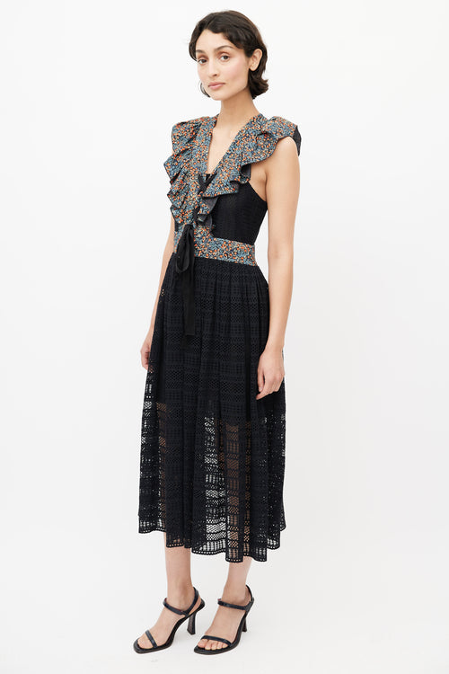 Philosophy Red, Blue & Black Floral Eyelet Midi Dress