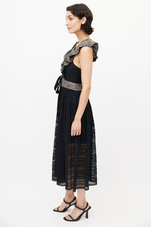 Philosophy Red, Blue & Black Floral Eyelet Midi Dress